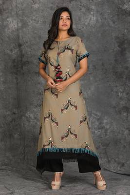 Gold Printed Grey Kurti With Front Dori And Black Palazzo 1