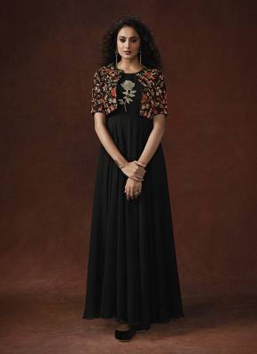 Black Lycra & Slub Silk Resham Embroidery, hand work on koti with glitterring 3D Flower Gown 1