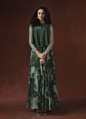 Green Silky Georgette Double Sequence Embroidery on Sleeve, Hand worked pearl & Diamond Gown 1