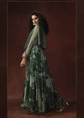Green Silky Georgette Double Sequence Embroidery on Sleeve, Hand worked pearl & Diamond Gown 2