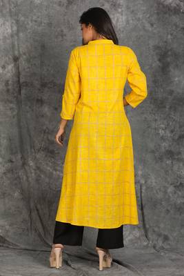Chequered Yellow Kurti With Embroidery And Embroidered Button 2