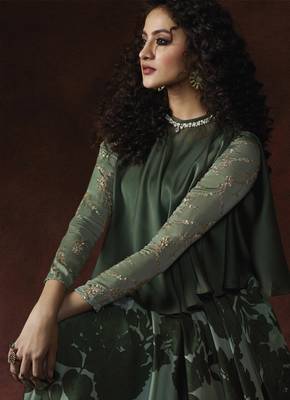 Green Silky Georgette Double Sequence Embroidery on Sleeve, Hand worked pearl & Diamond Gown 3