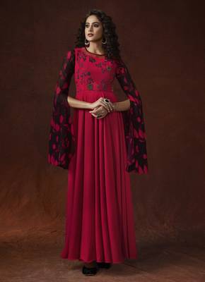 Red Georgette Resham Embroidery, Applique, beads, Metal Sequence Hand work on Yoke Gown 1