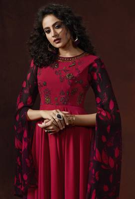Red Georgette Resham Embroidery, Applique, beads, Metal Sequence Hand work on Yoke Gown 2
