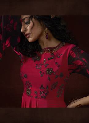Red Georgette Resham Embroidery, Applique, beads, Metal Sequence Hand work on Yoke Gown 3