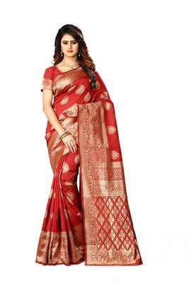 Red Woven Banarasi Silk Saree With Blouse 2
