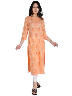 Women's Cotton Straight Kurti with Khadi Print, Peach 1