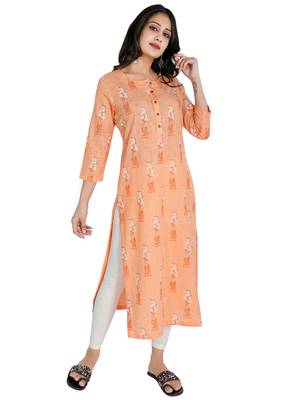 Women's Cotton Straight Kurti with Khadi Print, Peach 2