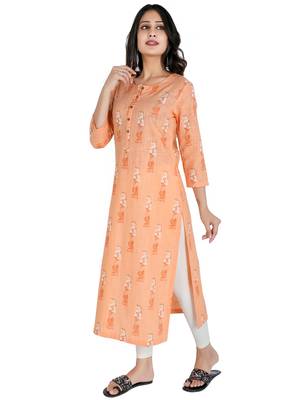 Women's Cotton Straight Kurti with Khadi Print, Peach 4