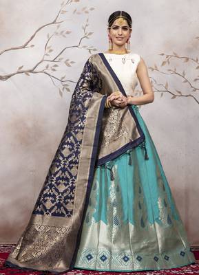 Light Blue Jacquard Semi Stitched bridal lehenga 1
