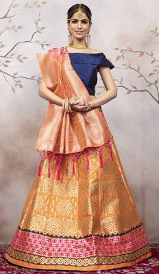 Orange Jacquard Semi Stitched bridal lehenga 1