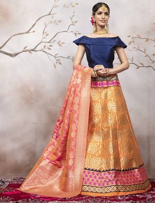 Orange Jacquard Semi Stitched bridal lehenga 4