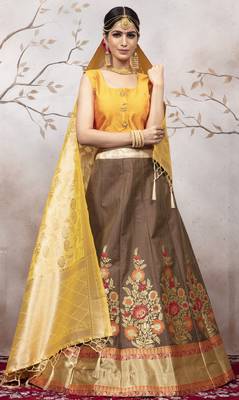 Coffee Jacquard Semi Stitched Bridal Lehenga 1