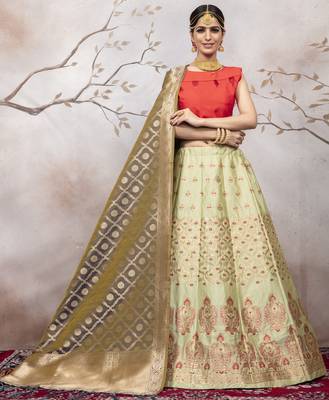 Light Green Jacquard Semi Stitched Bridal Lehenga 1