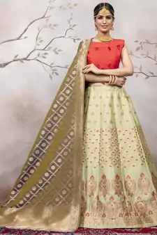 Light Green Jacquard Semi Stitched bridal lehenga