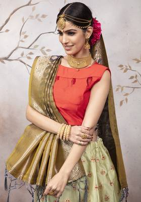 Light Green Jacquard Semi Stitched Bridal Lehenga 2