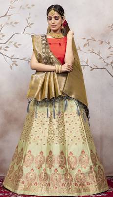 Light Green Jacquard Semi Stitched Bridal Lehenga 4