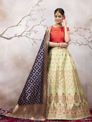 Light Green Jacquard Semi Stitched bridal lehenga 4