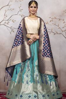 Light Blue Jacquard Semi Stitched Lehenga Choli With Dupatta