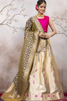 Cream Jacquard Semi Stitched Lehenga Choli With Dupatta