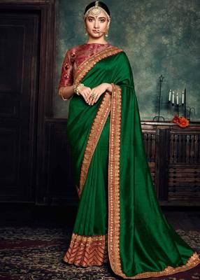 Dark Green Printed Faux Tussar Silk Saree With Blouse 1