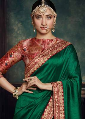 Dark Green Printed Faux Tussar Silk Saree With Blouse 2