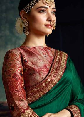Dark Green Printed Faux Tussar Silk Saree With Blouse 3