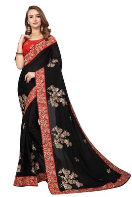 Black Embroidered Satin Saree With Blouse 1