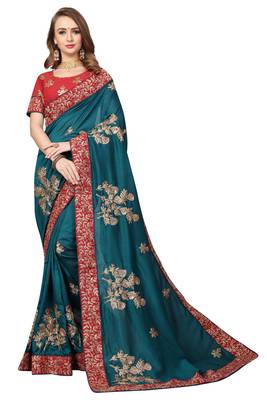 Teal Embroidered Satin Saree With Blouse 1