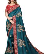 Teal Embroidered Satin Saree With Blouse