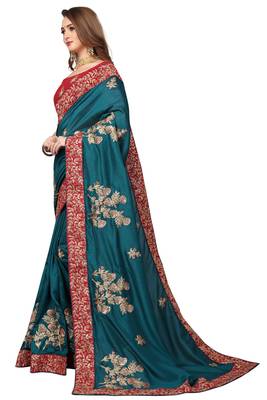 Teal Embroidered Satin Saree With Blouse 2