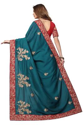 Teal Embroidered Satin Saree With Blouse 3