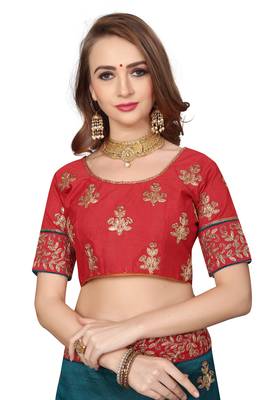 Teal Embroidered Satin Saree With Blouse 4