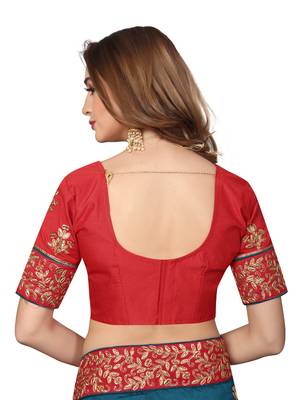Teal Embroidered Satin Saree With Blouse 5