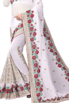 White Embroidered Georgette Saree With Blouse 3