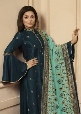 Teal embroidered silk salwar 2