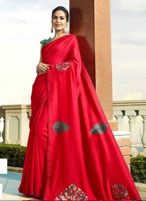 Scarlet Red Embroidered Fancy Fabric Saree With Blouse 1