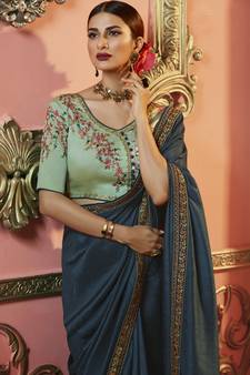 Blue embroidered silk saree with blouse