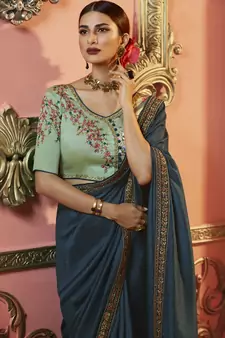 Blue embroidered silk saree with blouse