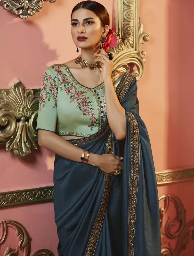 Blue embroidered silk saree with blouse