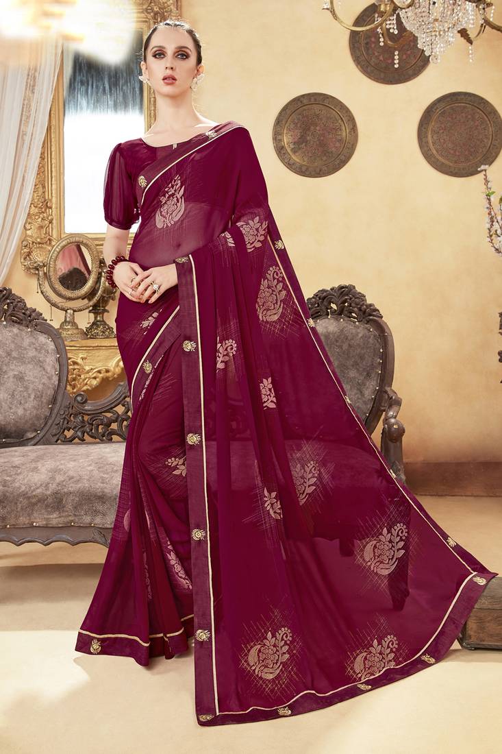 Women's Georgette Maroon Woven Design Designer Saree With Blouse Piece