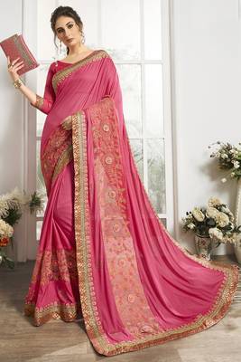Pink embroidered lycra saree with blouse 1