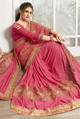 Pink embroidered lycra saree with blouse 2
