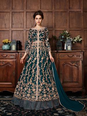 Dark-turquoise embroidered net salwar 1