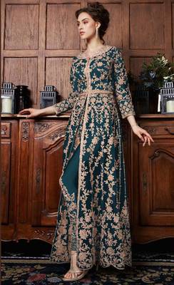 Dark-turquoise embroidered net salwar 2