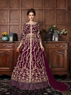 Wine embroidered net Anarkali suit 1