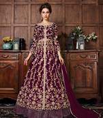Wine embroidered net Anarkali suit
