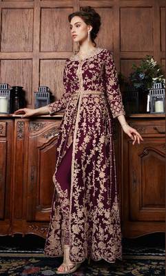 Wine embroidered net Anarkali suit 2
