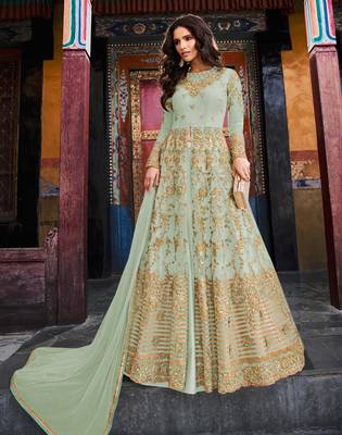 Light-teal embroidered net salwar 1