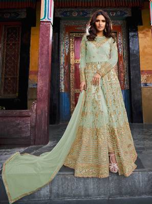Light-teal embroidered net salwar 2